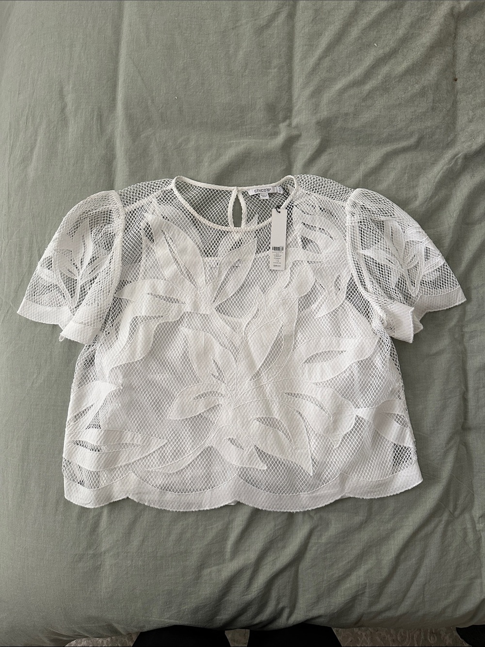 NTW 1.5 Med/LargeWhite Mesh Appliqué Short Sleeve Blouse - Anthropologie dupe